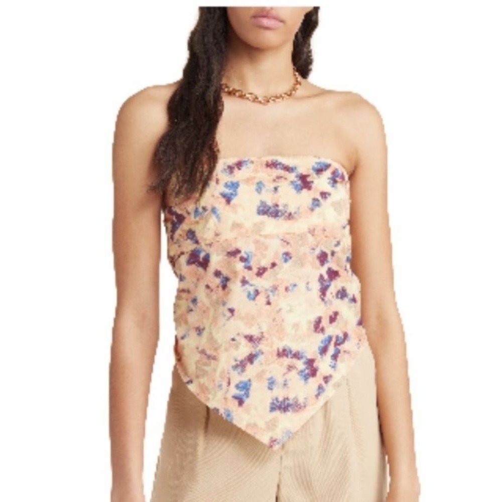 Open Edit Womens Strapless Handkerchief Top in Yellow Mellow Ginko Floral XSmall